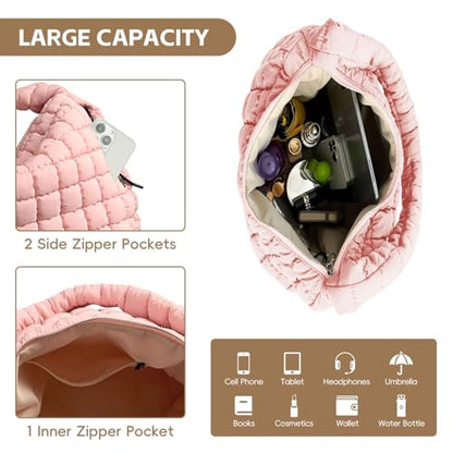 Puffer Tote Bag for Women, Large Quilted Puffer Bag with Pouch, Puffy Quilted Hobo Bag, Puff Crossbody Purse - color: 1-pink