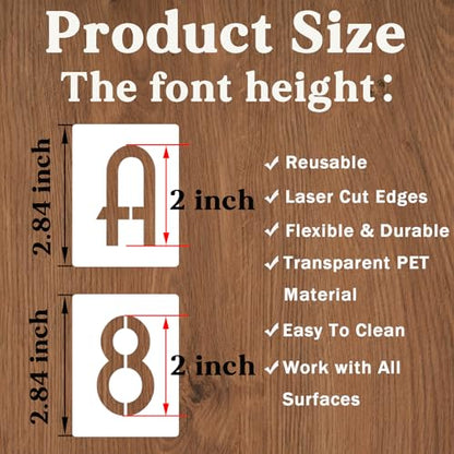 YEAJON 2 Inch Letter Stencils and Numbers, 42 Pcs Alphabet Drawing Stencils, Reusable Plastic Craft Templates for Painting on Wood, Wall, Fabric, Rock, Signage - size: 2 Inch
