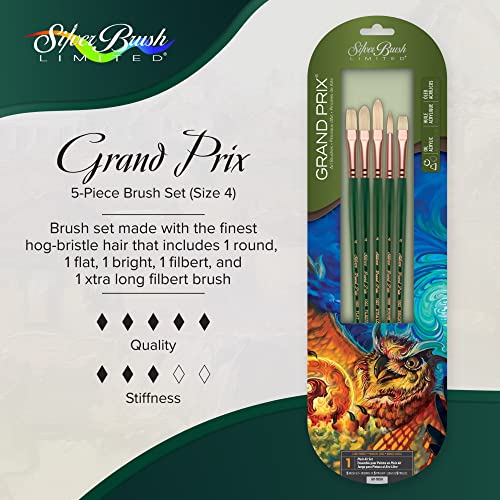 Silver Brush Limited Grand Prix Plein Air Oil Paintbrush Set, 5pc | Round, Flat, Bright, Filbert, Long Handle, Stiff Flagged Hog Bristle, Landscape, Botanical, Floral Designs, Easel Painting