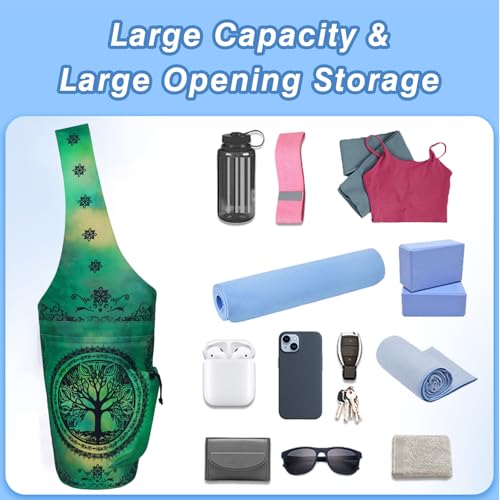 Yoga Mat Bag - Large Opening Long Tote Yoga Mat Carrier Holder Bag with Waterproof Wet Zipper Pocket and Drawstring Water Bottle Pocket - Yoga Bag Fit Most Size Mats - color: Tree of Life Green