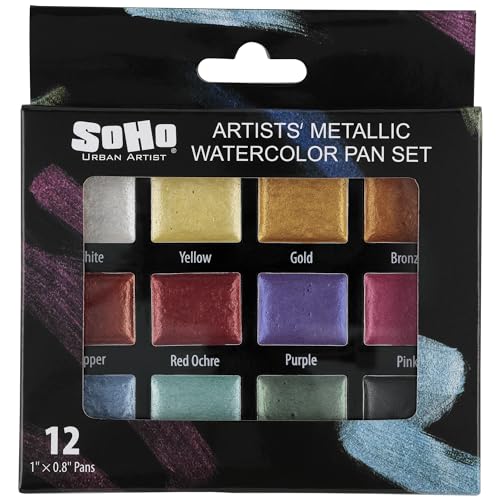 Soho Urban Artist Metallic Watercolors Set w/12 Colors | 12 Vibrant Metallic Half Pans in Travel Case – Professional Shimmer Watercolor Paint Set for Artists, Crafters & Mixed Media - size: 4 Ounce (Pack of 1)