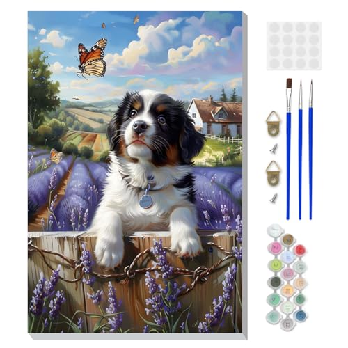 DOMROM Framed Paint by Numbers Kit for Adults, Dog DIY Paint by Number Kits on Canvas, Easy Canvas Painting by Numbers for Home Wall Decoration Gift 8x12 Inch - color: OMQ071