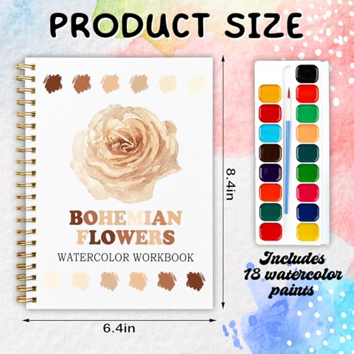 12 Boho Flower Patterns Watercolor Set, Bohemian Floral Painting Book for Beginners, Stress Relief Art Gift for Women, Relaxing DIY Workbook - color: Brown-Bohe Flowers