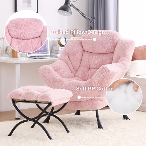 Tiita Lazy Chair with Ottoman, Comfy Reading Accent Chair, Plush Pink - color: Plush-pink