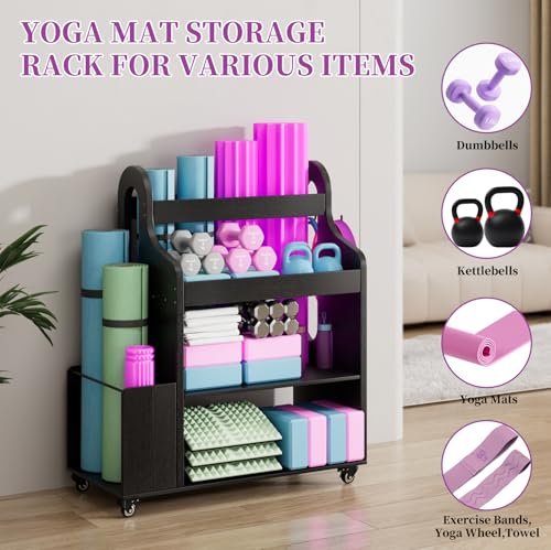 Home Gym Storage Rack Yoga Mat Holder with Wheels and Hooks, All in One Workout Storage for Yoga Mat, Foam Roller,Small Dumbbells, Kettlebel Gym Organizer Storage for Home Exercise(Wood)