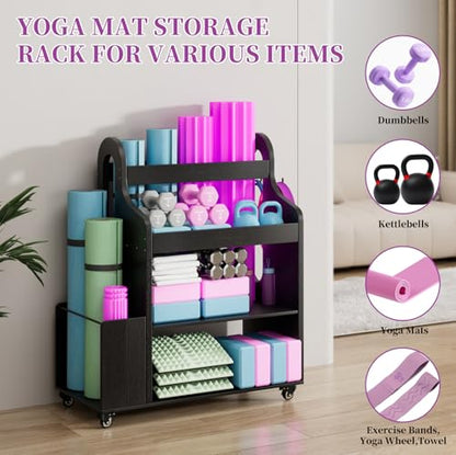 Home Gym Storage Rack Yoga Mat Holder with Wheels and Hooks, All in One Workout Storage for Yoga Mat, Foam Roller,Small Dumbbells, Kettlebel Gym Organizer Storage for Home Exercise(Wood)