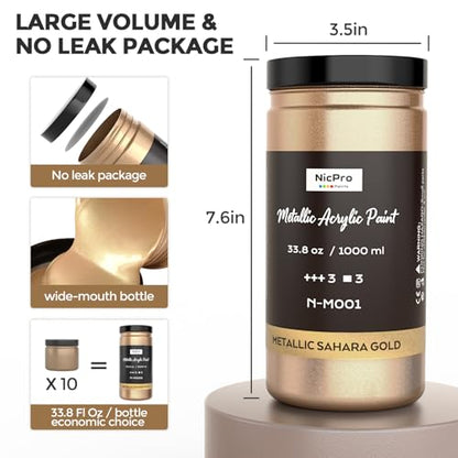 Nicpro Metallic Sahara Gold Acrylic Paint, 33.8oz/1000ml Gold Leaf Paint | Non Toxic Non Fading Craft Paint for Metal, Wood, Craft, Clay, Canvas, Furniture, Art Painting, Handcrafts, Art Supplies - color: Sahara Gold, size: 33.8 Fl Oz (Pack of 1)