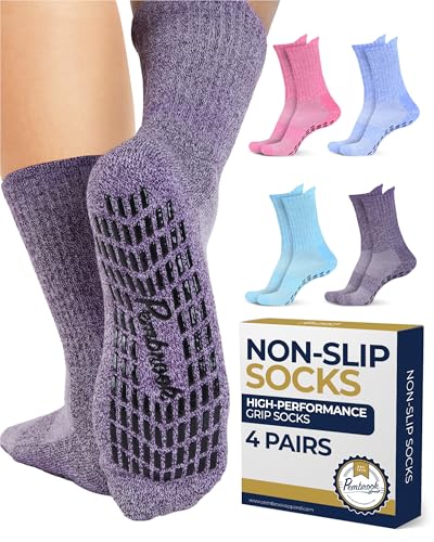 Pembrook Non Slip Crew Grip Socks Men & Women - 4 Pairs | Non Slip Socks for Elderly, Hospital, Pilates, Yoga, Barre, Home - color: Pink, Sky Blue, Purple, Lilac - 4 Pairs, size: Medium