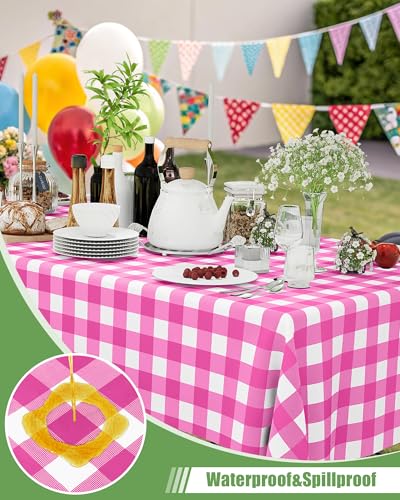 Smiry 8 Packs Gingham Disposable Table Cloth, 54 x 108 Inch Waterproof Plastic Tablecloth, Rectangle Hot Pink and White Checkered Table Covers for Party, Birthday, Picnic, Banquet - color: Hot Pink and White, size: 54"x108" (Pack of 8)