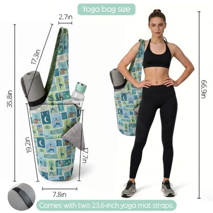 CosInStyle Heavy Duty Cotton Canvas Yoga Bag with Multi-Pocket Organizer, Large Capacity Gym Sports Bags, With 2 Bonus Mat Straps - color: Green Yoga Style