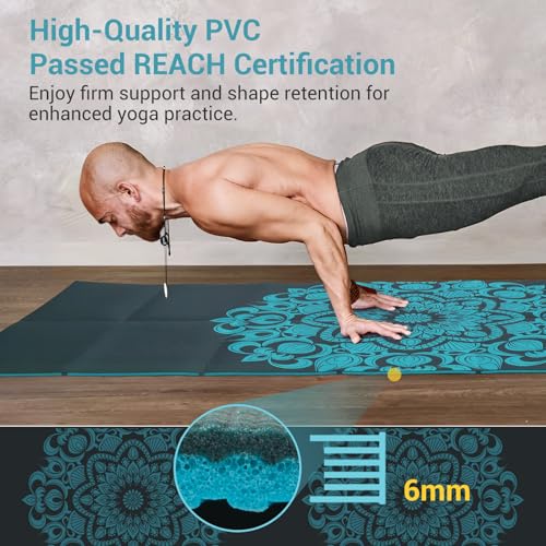 Avoalre Folding Yoga Mat, 72"x 32"x 0.24" Extra Wide Non-Slip Exercise Fitness Yoga Mats, Eco-Friendly High Density 6mm Thick Print Pilates Mat with Carrying Bag for Women Men Home Workout