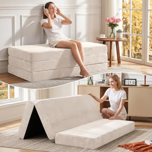 6 Inch Tri Fold Memory Foam Mattress Queen Size, Foldable Futon Mattress Topper with Removable Washable Cover, Portable Floor Sofa Bed Guest Mat with Carry Handles & Non-Slip Bottom for Camping - color: Beige, size: Queen