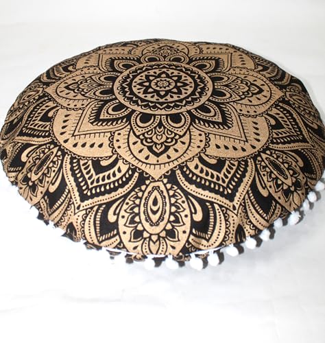 32" Black Gold Mandala Barmeri Large Floor Pillow Cover Cushion Meditation Seating Ottoman Throw Cover Hippie Decorative Zipped Bohemian Pouf Ottoman Poufs, Pom Pom Pillow Cases - size: 32" x 32" (Pack of 1), style: Bohemian