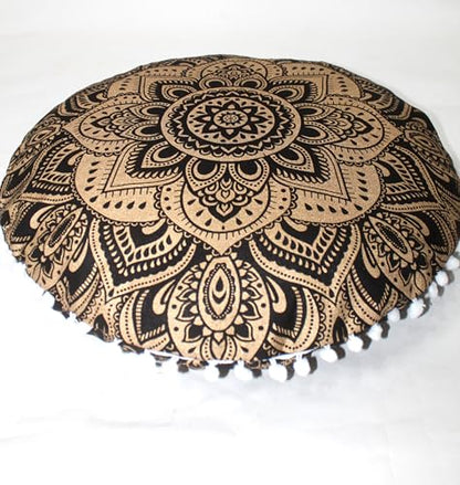 32" Black Gold Mandala Barmeri Large Floor Pillow Cover Cushion Meditation Seating Ottoman Throw Cover Hippie Decorative Zipped Bohemian Pouf Ottoman Poufs, Pom Pom Pillow Cases - size: 32" x 32" (Pack of 1), style: Bohemian