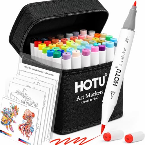 HOTU 50 Colors Alcohol Markers Brush Tip and Fine - Dual Tip Art Marker Set for Artists Adults Coloring, Sketching - Professional Alcohol Based Markers with Bleed-prevention Pad & 4 Coloring Cards - size: 1 Count (Pack of 50)