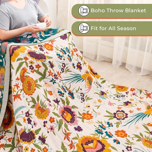 Flower and Bird Boho Throw Blanket for Bed Couch 80"×90" - color: Boho Flower-c, size: 80"x90"