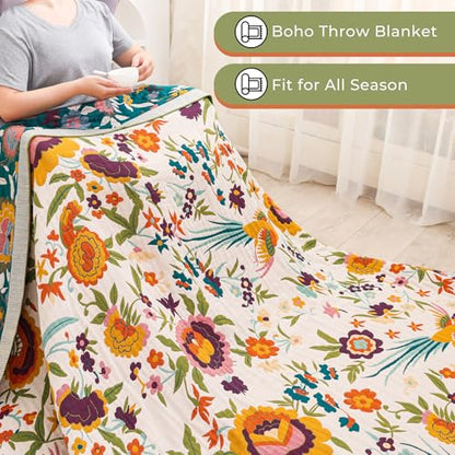 Flower and Bird Boho Throw Blanket for Bed Couch 90"×98" - color: Boho Flower-c, size: 90"x98"