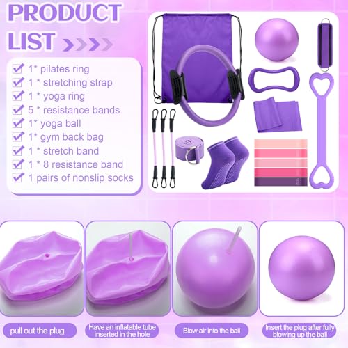 RoundFunny Pilates Ring Circle Set 18 Pcs Exercise Equipment Accessories for Women Workouts Pilates Ball Stretching Strap Magic Circle Yoga Ring Gym Back Bag Resistance Band Anti Slip Socks - color: Purple