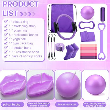 RoundFunny Pilates Ring Circle Set 18 Pcs Exercise Equipment Accessories for Women Workouts Pilates Ball Stretching Strap Magic Circle Yoga Ring Gym Back Bag Resistance Band Anti Slip Socks - color: Purple