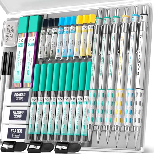 Nicpro 36PCS Blocky Gear Art Mechanical Pencil Set with Case | Metal Mechanical Pencils 0.5/0.7/0.9/2mm Lead Holder for Drawing Sketching with 20 Tubes (6B 4B 2B HB 2H 4H Colors) Refills - style: 6 PACK