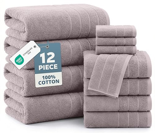 Casa Platino Towel Set Quick Dry 100% Cotton 12 Piece Soft - Platinum | Set Of Towels - Ring-Spun Durability, Ring-Spun Cotton, Terry Weave Comfort, Long-Lasting Comfort, Hotel-Style Look - color: 08: Platinum, size: 12 Piece Towel Set