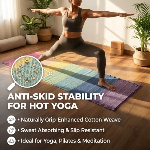 Indian Handmade100 % Organic Anti Skid Multi Colour Cotton Yoga Mat - Eco-Friendly Hand-Woven Rug - Non-Slip & Thick (24”x72”x5mm) for Hot yoga & Everyday Fitness at Home - Comfortable & Foldable Extra-Long Mat - color: Multi 10