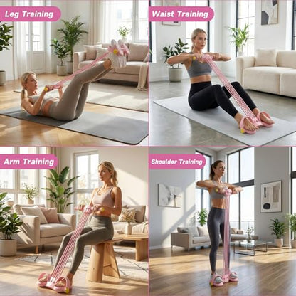 Pedal Resistance Band with Handles, Adjustable 6-Tube Detachable Workout Band, Thai Natural Rubber Tension Rope for Abs Arms Waist Legs, Home Fitness Equipment - color: pink