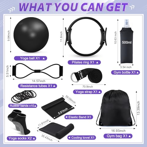Halloscume 24 Pcs Pilates Kit, Home Pilate Equipment for Women, Pilates Ring and Ball Set with Stretching Strap, Water Bottle, Magic Circle, Yoga Ring, Gym Bag, Resistance Band, Anti Slip Sock - color: Black