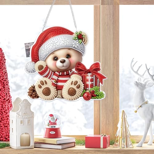 Bowetile Christmas Hanging Diamond Art Painting Kits for Adults, 5D Special Shape Diamond Art Kits Bear, Crystal Gem Painting Arts and Crafts for Adults for Home Garden Decor - color: Bear