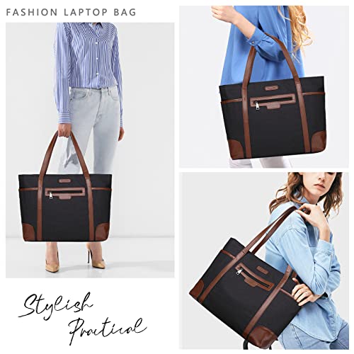 Laptop Bag for Women,ChaseChic Waterproof Classic Teacher's Tote Bag 15.6in Computer Work Bags for Women with Luggage Strap - color: Black & Brown-15.6in