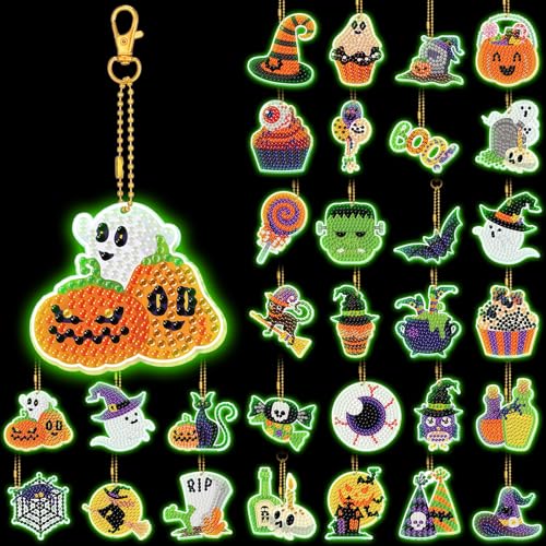 WILLBOND 30 Pcs Glow in Dark Halloween Diamond Art Keychain Ornaments | Halloween Diamond Art, DIY Double Sided Halloween Luminous Diamond Painting Keychain Kits, Key Ring Art Pendant Tree Decor - color: Glowing
