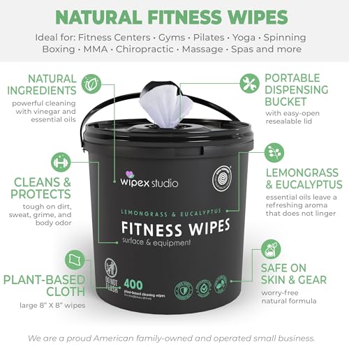 Wipex Yoga Mat Cleaner Wipes, EWG Verified, 400 Ct Plant-Based Lemongrass, Eucalyptus & Vinegar Wipes for Gym & Fitness Equipment & All Purpose Gym Cleaning - Safe for Peloton Bikes & Treadmills - size: 400 Count (Pack of 1), style: Bucket: Lemongrass