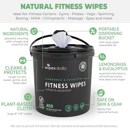 Wipex Gym Plant-Based Wipes, EWG Verified, Natural Surface & Equipment Cleaning with Lemongrass, Eucalyptus & Vinegar for Home or Fitness Studio, Yoga Mats, Peloton Bikes, 400 Count (Pack of 2) - size: 400 Count (Pack of 2), style: Bucket: Lemongrass