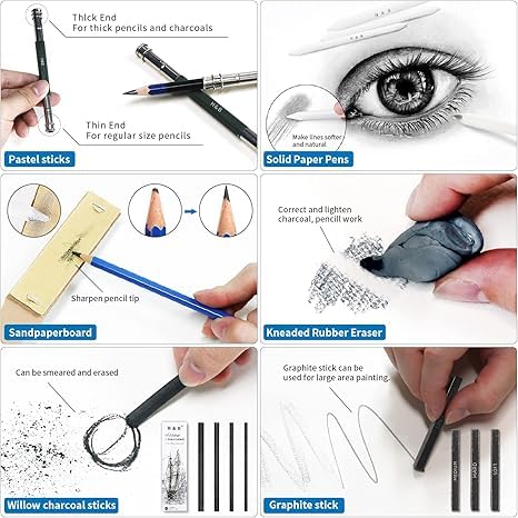 H & B 50PCS Drawing Sketch Pencils Art Supplies Kit with A5 Sketchbook | Pro Graphite, Charcoal Pencils & Pastel Kit, Travel Art Case Set, Ideal Drawing Set for Artists, Beginners and Adults