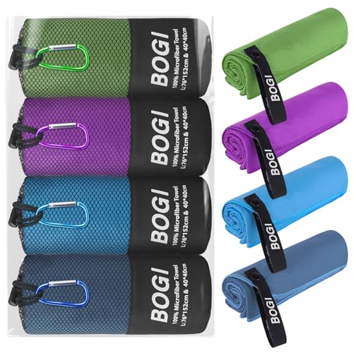 BOGI 4 Pack(8 pcs) Microfiber Travel Sports Towel-Quick Dry Towel, Soft Lightweight Microfiber Camping Towel Absorbent Compact Travel Towel for Camping Gym Beach Bath Yoga Swimming Backpacking-Large - color: 4 Pack-nblue+blue+agreen+purple, size: L:60''x3