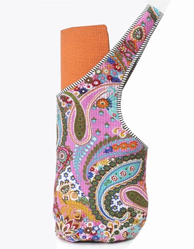 INDIAN CRAFT CASTLE Yoga Mat Bag | Tote Mat Bag | Sling Yoga Tote w/Large Side Pocket & Zipper Pocket | Yoga Mat Carrier Fits Most Size Mats - color: Multi Color Paisley