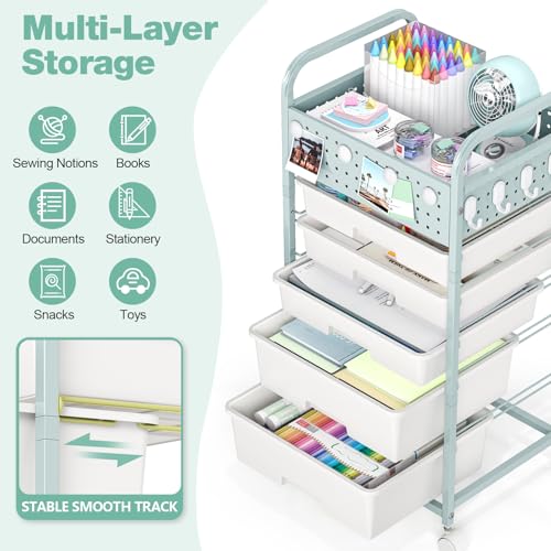 SYKIARIOL Drawer Rolling Storage Cart with Pegboard Top and Hooks, Green, 4-Drawers - color: Green, size: 4-Drawers