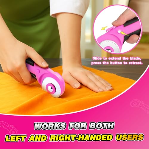 DIYSELF 45mm Fabric Cutter, Rotary Cutter for Fabric with 5 Extra Blades | Ergonomic Handle, Rolling Cutter for Fabric and Leather, Wheel Cutter Sewing Tool for Quilting, Crafts and Ambidextrous Use - color: Pink