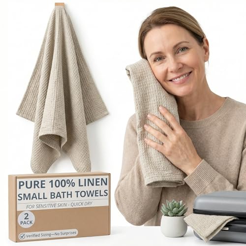 Linen Bath Towels Set of 2 pcs - 20x40-inch - Waffle Weave, Quick Dry - color: Natural Linen, size: Small Bath Towels 2-pack
