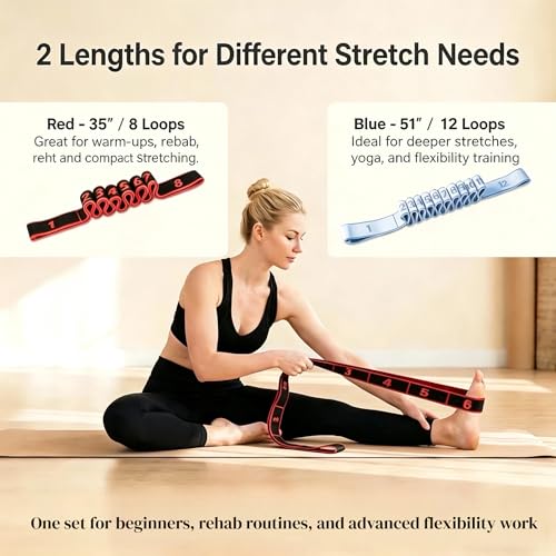 Resistance Bands for Stretching, 8 & 12 Loop Stretch Strap Set, Numbered Yoga & Physical Therapy Bands for Flexibility, Pilates & Full Body Workout (35" & 51")