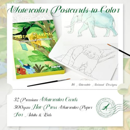 Watercolor Postcards 32 Sheets 4x6 inch 140lb/300gsm Watercolor Coloring Cards Pure Cotton Paper Post Cards Art Supplies for Painting DIY Mailing Invitations Greeting (Animals)