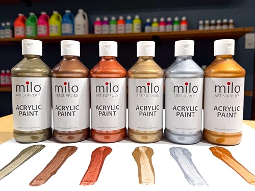 milo Metallic Acrylic Paint Set, 6 Metallic Colors, 8 oz Bottles | Safe and AP Non-Toxic, Made in the USA, Arts & Crafts Paints for Artists, Student & Hobby Painters, Paint Pack, Multi-Media - style: Metallic Set 6 x 8 oz