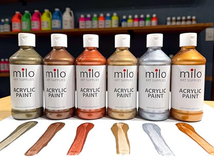 milo Metallic Acrylic Paint Set, 6 Metallic Colors, 8 oz Bottles | Safe and AP Non-Toxic, Made in the USA, Arts & Crafts Paints for Artists, Student & Hobby Painters, Paint Pack, Multi-Media - style: Metallic Set 6 x 8 oz