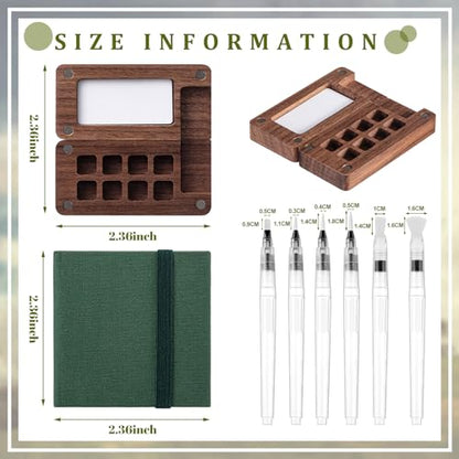 Qilery Mini Portable Watercolor Palette Set Wooden Grid Paint Box Watercolor Paper Sketch Book Brush Pens with Binder Clip for Painters Artist Not Include Paint(Pine Green) - style: Pine Green