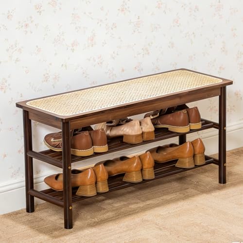 latifolia Shoe Rack Bench, 3-Tier Bamboo Shoe Bench with Breathable Rattan Seat Cushion, Shoe Storage Rack for Entryway(Walnut,31.50''L) - color: Walnut, size: 31.50''L