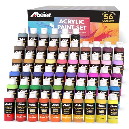 ABEIER Acrylic Paint Set, 56 Colors x 2 oz, Non-Toxic Matte Paint | Rich pigments, smooth blending, waterproof when dry, fade-resistant finish, multi-surface art and craft projects