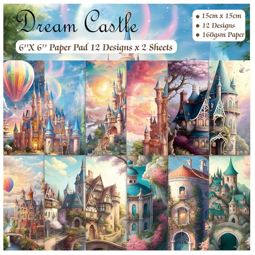 Scrapbook Paper, 24 Sheets 6"×6" 160gsm Single-Sided Patterned Cardstock | Vintage Decopodge Scrapbook Supplies, Junk Journal Decorative Crafts DIY Album Card Making Art Journaling.Dream Castle - color: 24 sheets-dream castle