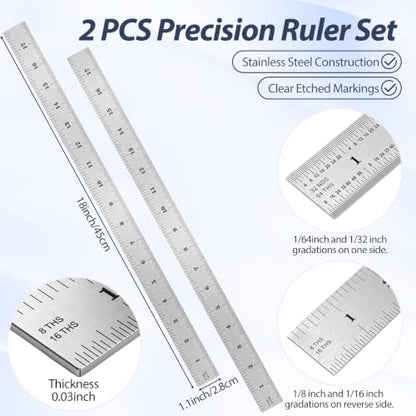 EBOOT 2 Pcs Stainless Steel Ruler Machinist Engineer Ruler with Markings 1/8, 1/16, 1/32, 1/64 Inch for Engineering, School, Office, Architect, and Drawing (18 Inch) - size: 18 Inch