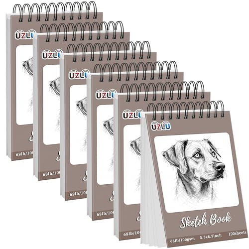 UZLU 6 Pcs Sketch Book Bulk 5.5 x 8.5 in 600 Sheets Top Spiral Bound Sketch Pad Drawing Paper 100 Sheets Each Acid Free Mixed Media Sketchbook 68lb/100gsm Art Supplies for Beginner Artist - size: 5.5x8.5in