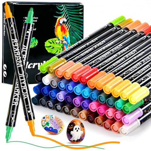 48 Colors Dual Tip Acrylic Paint Markers, Coloring Paint Pens Set, Fine Tip and Dot Tip Acrylic Paint Markers for Rock, Stone, Glass, Fabric, Canvas, Gifts for Teens, Art Painting Supplies Kit - color: 48 Colors Brush & Dot